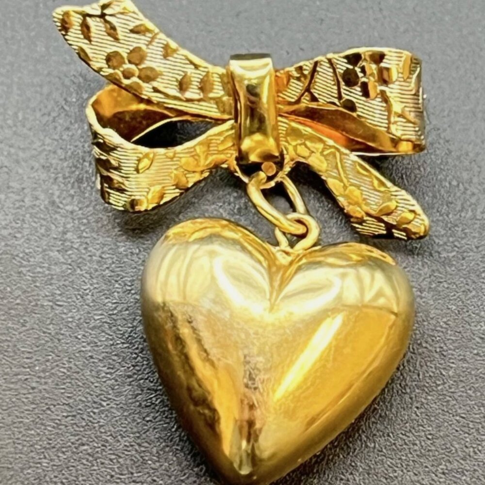 Vintage Gold Tone Puffy Heart Floral Bow Brooch Pin